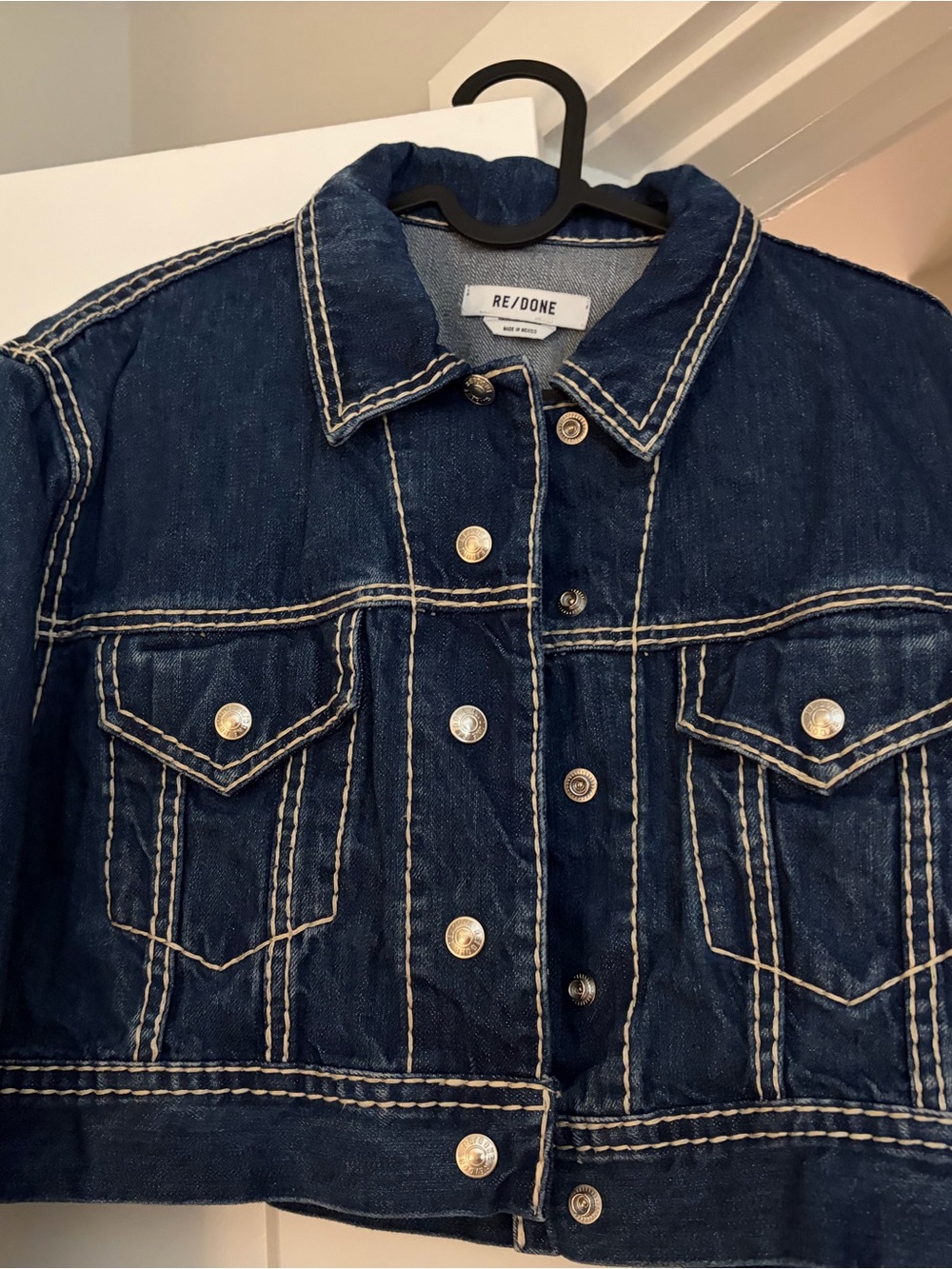 Re/Done Indigo Denim Jacket with Contrasting Cream Stitching